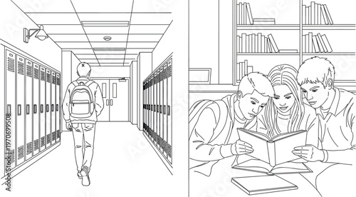 School Corridor and Library Scene Line Art Vector Illustration for Educational Design, Student Life, and Classroom Themes