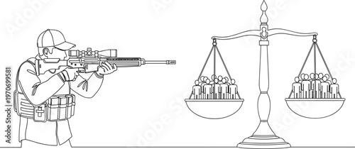 Illustration of a Sniper and Scales of Justice Vector, Representing the Balance Between Force and Fairness