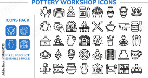 Outline vector icon set of pottery workshop, ceramic art and clay