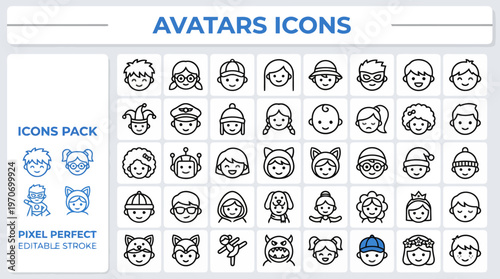 Outline vector icon set of professional adult portraits and user avatars