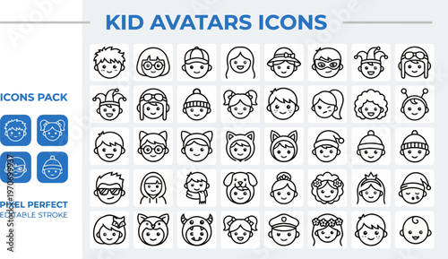 Outline vector icon set of school youth profiles and pupil avatars