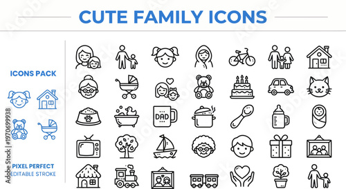 Outline vector icon set of family life, parenting and household
