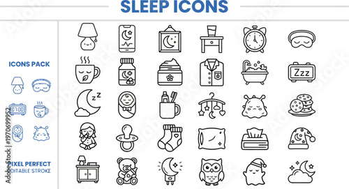 Outline vector icon set of bedtime routine, sleep and night rest