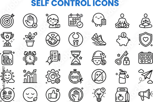 Outline vector icon set of self control, mental habits and discipline