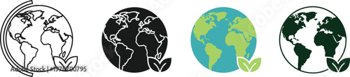 Earth eco icons silhouette vector illustration set, globe designs with leaf symbols representing sustainability, environment, and global ecology