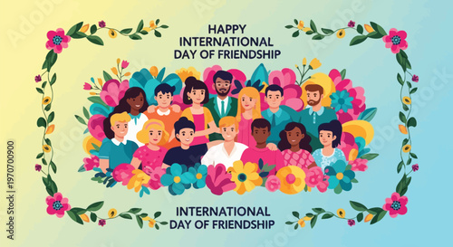 A diverse group of happy people celebrating International Day of Friendship with colorful flowers and a vibrant background.