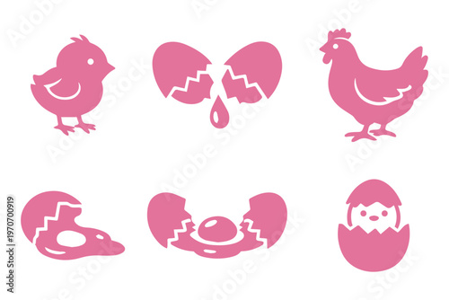 Easter chick and egg cracking icons vector set, broken eggshell with yolk, baby chicken symbols, spring farm elements, black solid silhouette icons, minimal flat design collection. Easter egg icons se