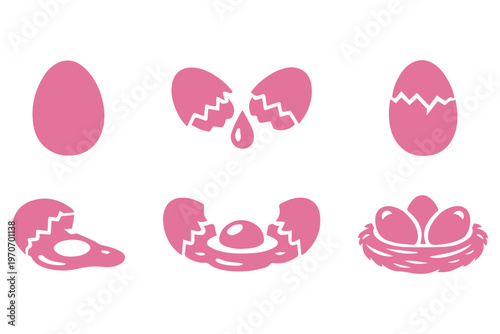 Broken egg and yolk icons vector set, cracked eggshell with fried egg illustration, simple egg symbols collection, black solid silhouette icons, minimal flat design for food and cooking. Easter eggs