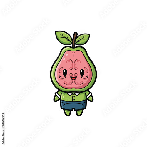 Cute anthropomorphic pink guava fruit character mascot wearing a green polo shirt and blue shorts, featuring a smiling face and leaves on top, isolated on white background.