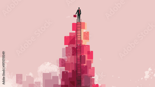 Businessman Atop High Stack of Boxes Illustrating Economic Inflation