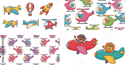 Cute Cartoon Airplane and Helicopter Animal Set with Bear and Lion Pilots, Kids Transport Illustration Collection Isolated on White Background