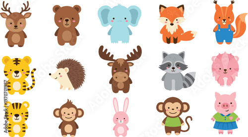 Cute Cartoon Animal Character Set with Deer, Bear, Elephant, Fox, Squirrel, Tiger, Hedgehog, Raccoon, Monkey and Pig for Kids Illustration Collection