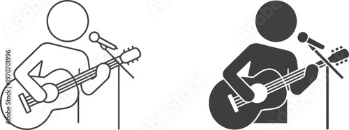 Musician Playing Acoustic Guitar and Singing into Microphone Icon Set
