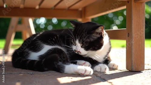 A domestic feline with black and white markings rests comfortably on a paved surface beneath outdoor furniture on a sunny day