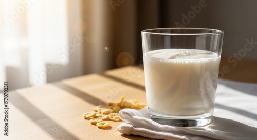 Fresh Morning Milk with Cereal in Warm Sunlight Cozy Breakfast Scene