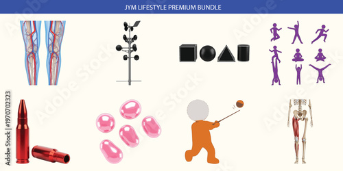 A collection of fitness and exercise related objects and people