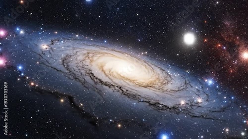 A vast spiral galaxy with glowing stars and nebulae illuminates the dark expanse of outer space