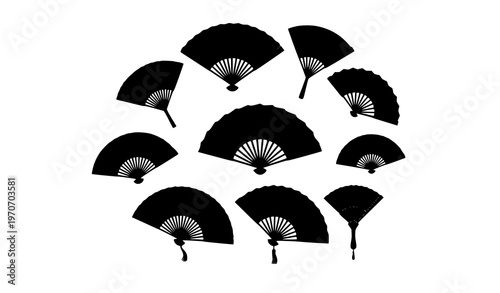 Elegant hand fan icon set in circular layout with traditional folding and decorative fan silhouettes black vector