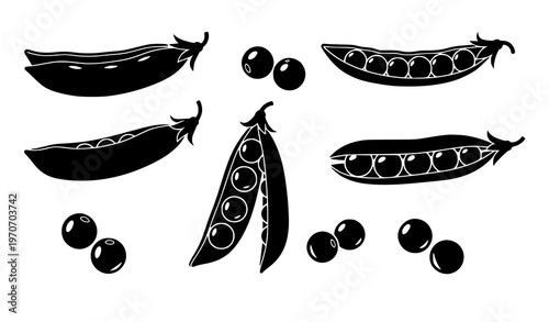 Pea pod silhouette collection with open and closed pods showing peas black vector icon set