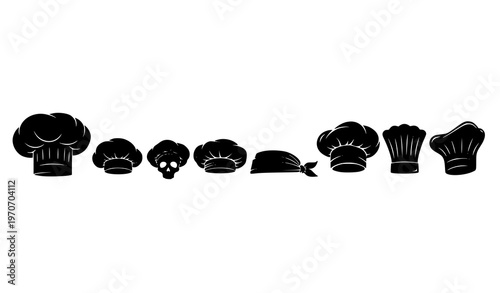 Diverse chef hat silhouettes in horizontal line vector set with cooking caps and kitchen uniform icons in black style