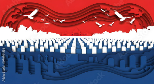 Patriotic Paper Cut Illustration with Memorial Gravestones, Flying Doves, and Red White Blue Layers for Memorial day 