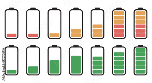 Battery icon set, battery charge level collection, battery charging icons, modern power status symbols, energy indicator vector graphics