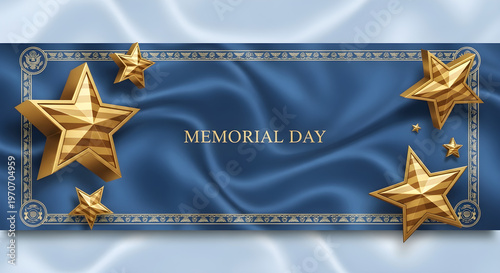 Memorial Day Holiday Banner with Golden Stars and Decorative Frame on Blue Silky Fabric