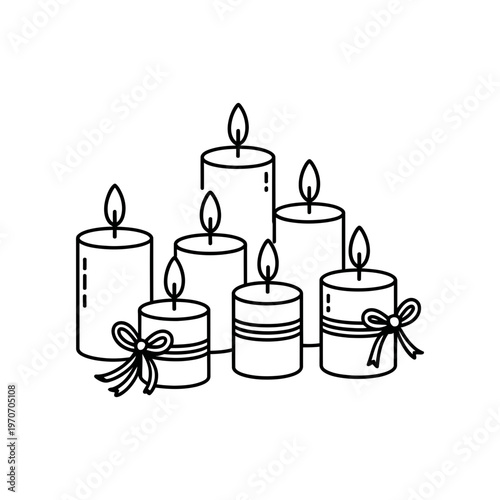 A peaceful collection of various lit candles, some adorned with bows, creating a warm ambiance.