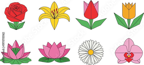 Collection of stylized geometric flower icons including rose lily tulip lotus daisy and orchid perfect for spring or nature-themed designs