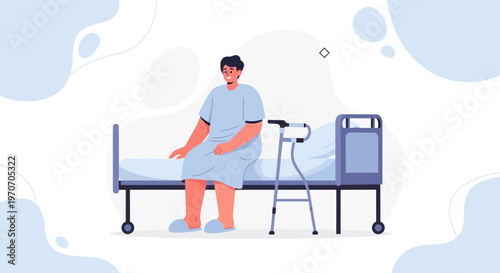 Patient sitting on hospital bed with walker, recovery and healthcare concept