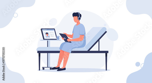 Patient using tablet and laptop with headphones in hospital bed, telemedicine concept