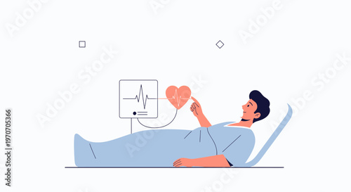 Patient with Heartbeat Monitor in Hospital Bed, Medical Technology Concept