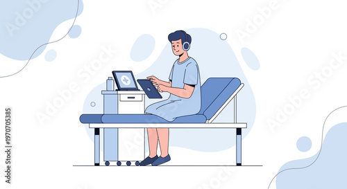 Patient with headphones using tablet in medical room with equipment