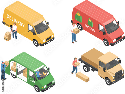 Delivery truck and van isometric vector set, courier loading boxes, grocery and food shipping service concept