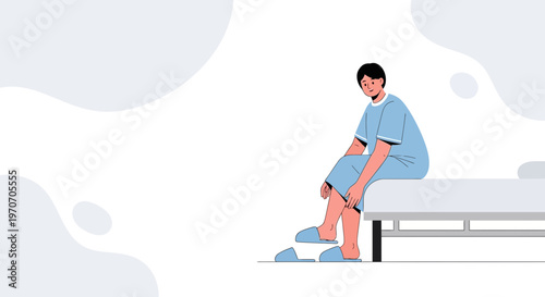 Sad Patient Sitting on Hospital Bed in Blue Gown and Slippers