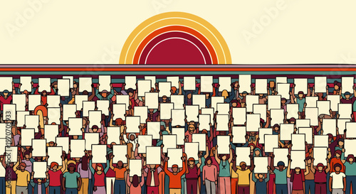 Diverse crowd holding blank signs under a retro sun, symbolizing protest, activism, and freedom of speech