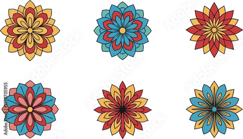 Set of colorful floral mandala icons decorative geometric patterns for design elements isolated on white background