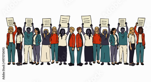 Diverse group of people holding signs and protesting for social justice, equality, and human rights.