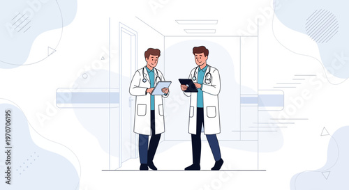 Two doctors in a hospital hallway discussing medical charts on tablets