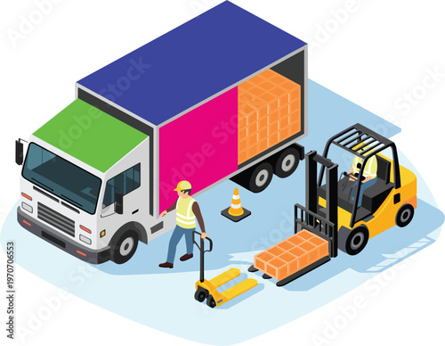 Logistics and warehouse transportation vector illustration, delivery truck, forklift loading cardboard boxes, shipping service concept