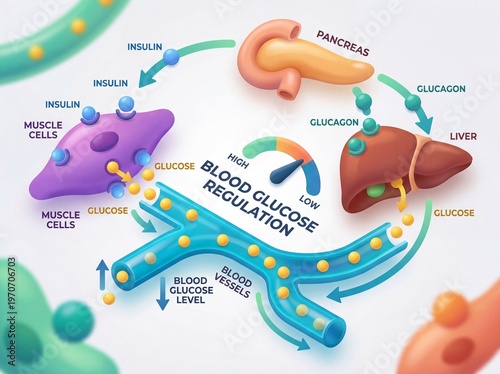 Detailed scientific illustration revealing the dynamic blood glucose regulation system and hormonal balance concept