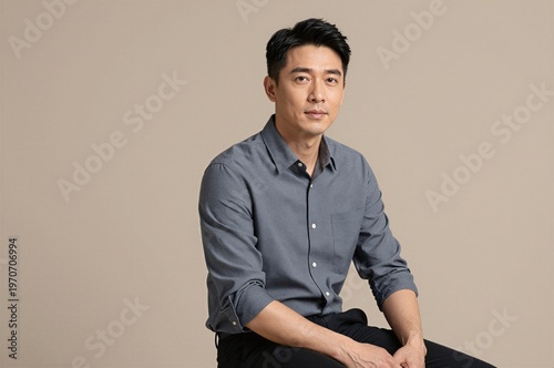Young businessman sitting on stool in studio isolated on pastel background