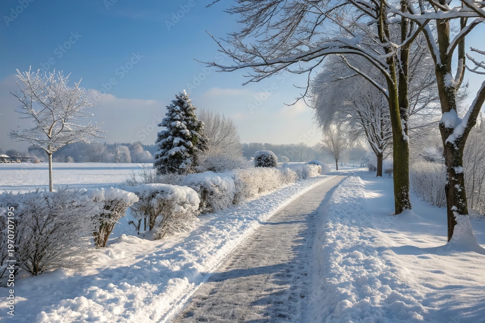 Obraz premium A snow covered path with a tree in the background
