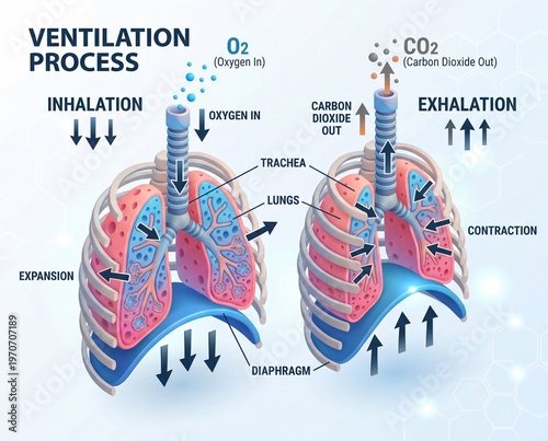 Diagram explaining the process of human respiration, detailing inhalation and exhalation
