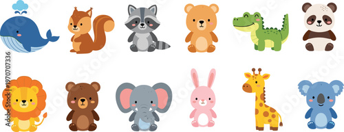 Photography Cute Cartoon Animal Characters Vector Set with Whale, Squirrel, Raccoon, Bear, C