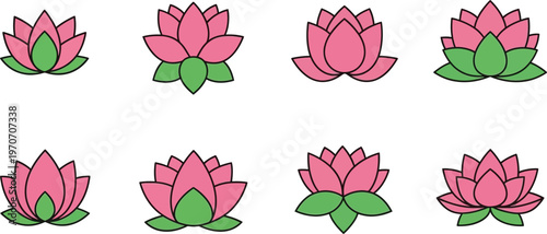 Collection of pink lotus flower icons simple flat vector illustrations for wellness and spa branding isolated on white background