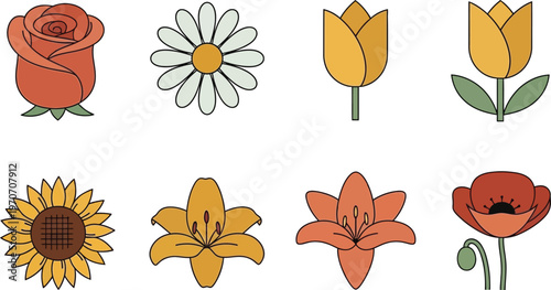 Collection of stylized floral icons featuring rose daisy tulip sunflower lily and poppy in a flat design for spring or summer themes