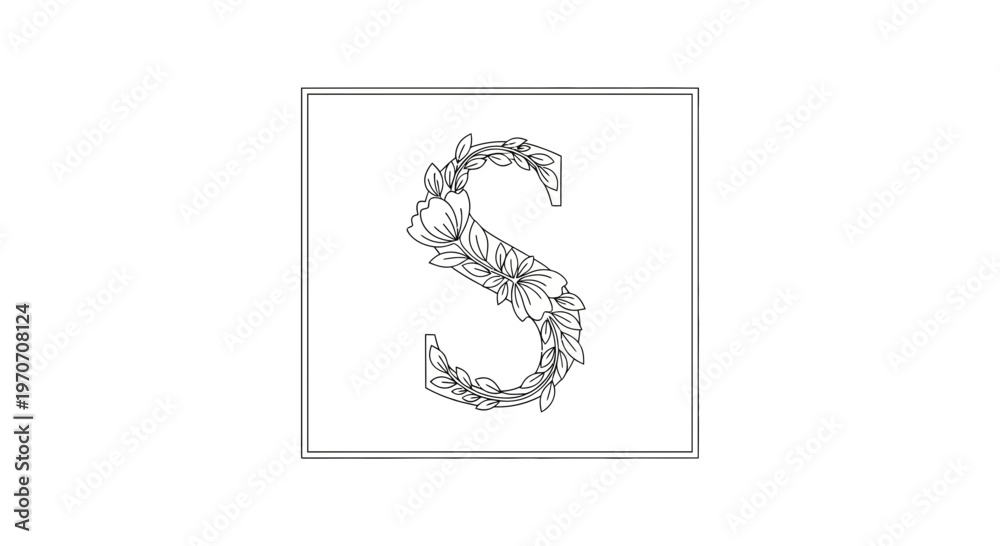 Fototapeta premium Elegant Floral Letter S Monogram, Botanical Alphabet Design, Black and White Line Art