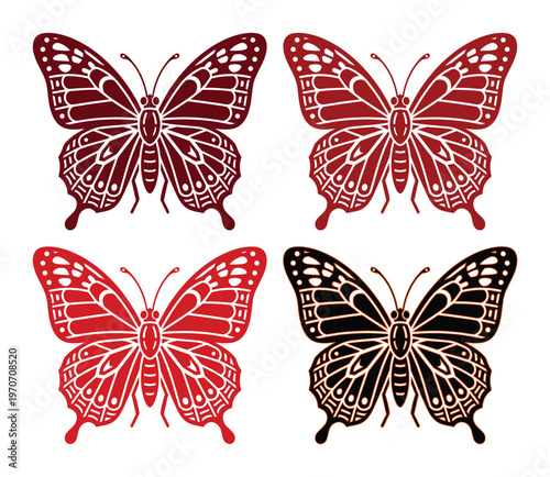 Vintage butterfly vector set, ornate monarch butterfly silhouettes in red and black, 4 decorative insect illustrations for laser cutting and crafts
