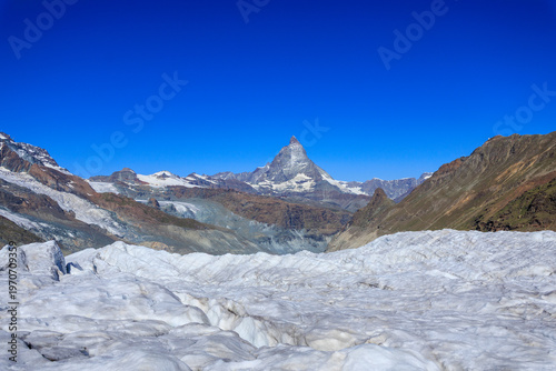 Mountain panorama with Gorner Glacier and Matterhorn in Pennine Alps, Switzerland